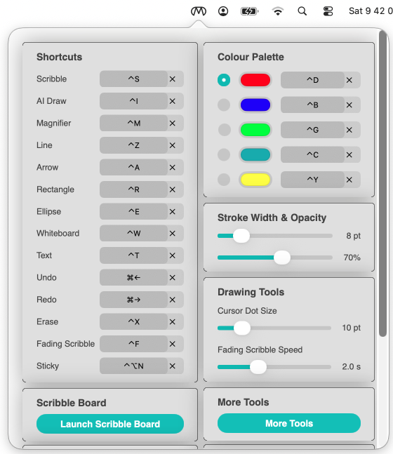 Mark And Scribble menu bar popover showing Shortcuts, Colour Palette, Stroke Width and Drawing Tools
