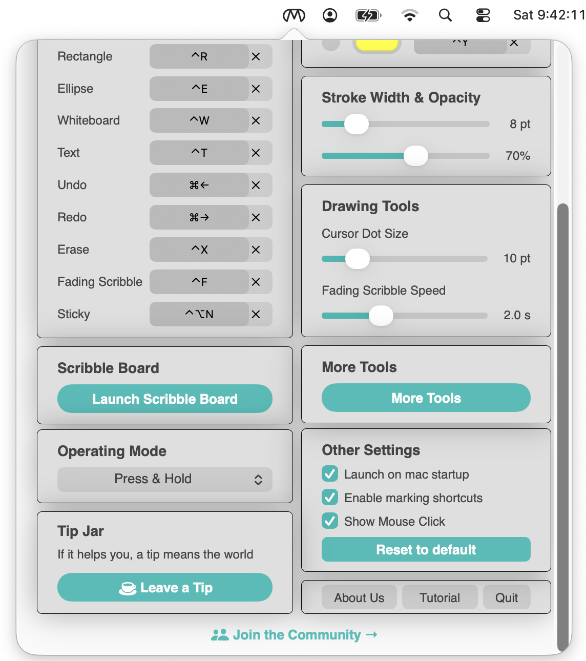Mark And Scribble menu bar popover scrolled down showing Scribble Board, More Tools, Other Settings and Tip Jar