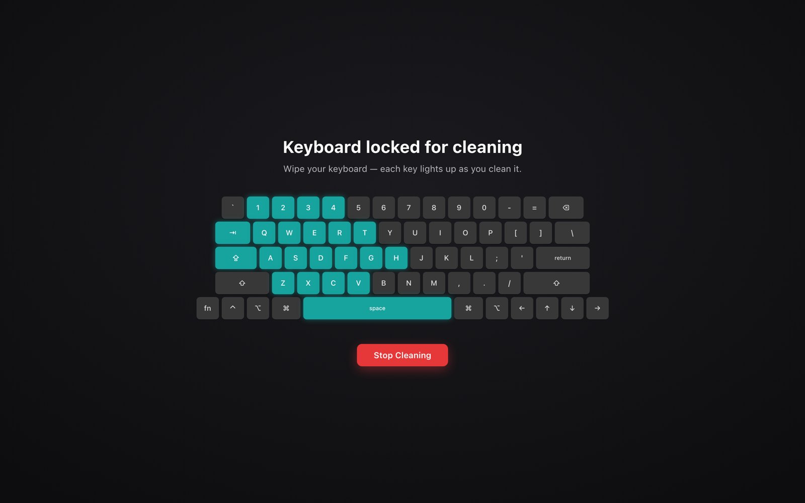 Keyboard Cleaner overlay showing keys lighting up as they are wiped