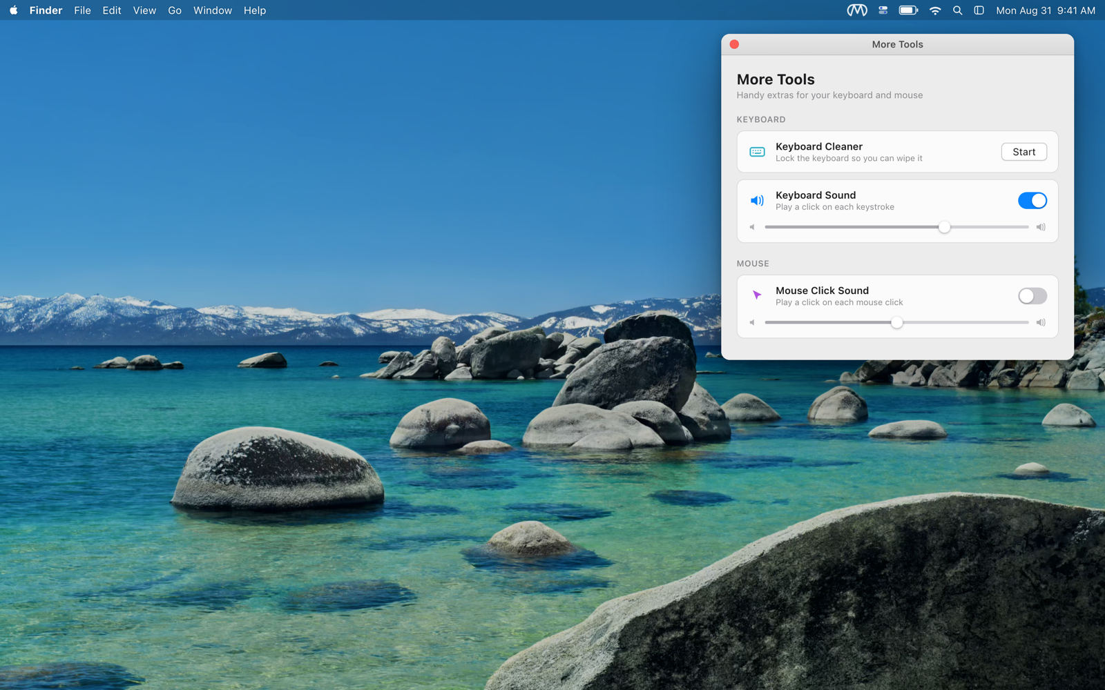 More Tools panel showing Keyboard Cleaner, Keyboard Sound and Mouse Click Sound on macOS