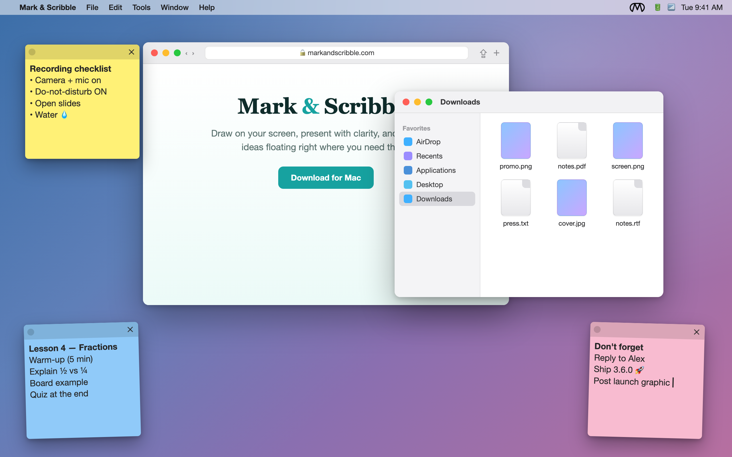 Sticky Notes floating on top of Safari and Finder on macOS